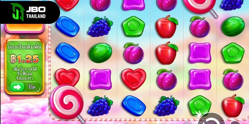 ภาพกริดเกม 6x5 ของ Sweet Bonanza เต็มไปด้วยสีสันสดใส