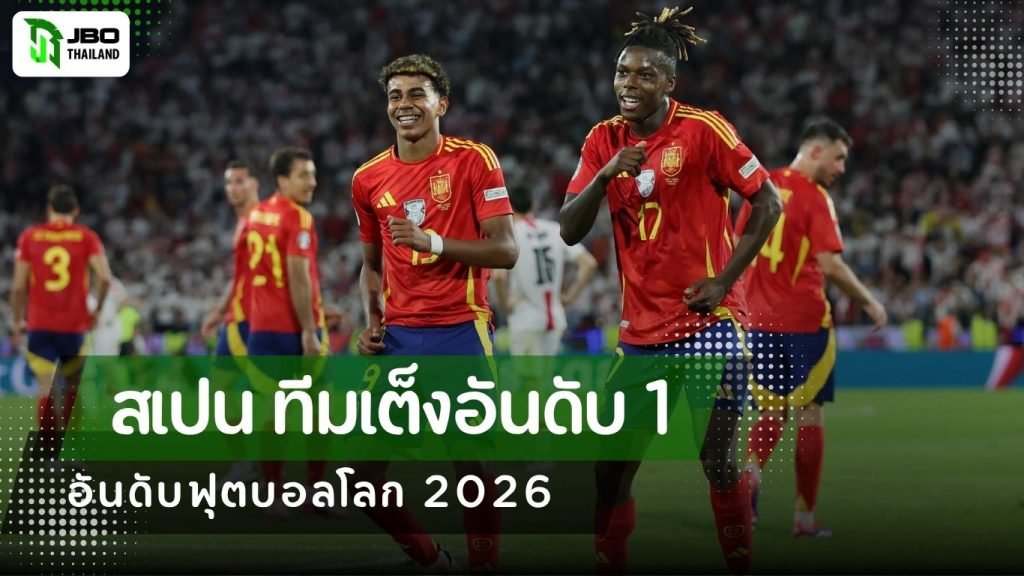 นักเตะทีมชาติสเปนฉลองประตูในเกมทีมชาติ พร้อมข้อความระบุว่าสเปนเป็นทีมเต็งอันดับ 1 ของฟุตบอลโลก 2026