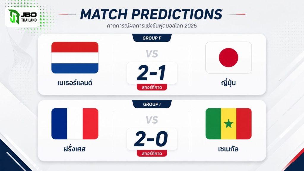 infographic คาดการณ์ผลการแข่งขันฟุตบอลโลก 2026 เนเธอร์แลนด์ พบ ญี่ปุ่น สกอร์ที่คาด 2-1 และ ฝรั่งเศส พบ เซเนกัล สกอร์ที่คาด 2-0
